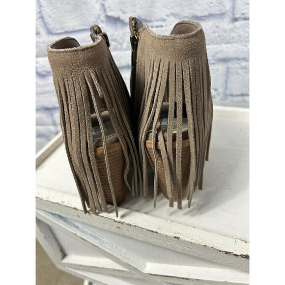 Steve Madden Women 7M Taupe Boot Suede Leather Zip Open Toe Fringe Heeled Bootie - Picture 12 of 12
